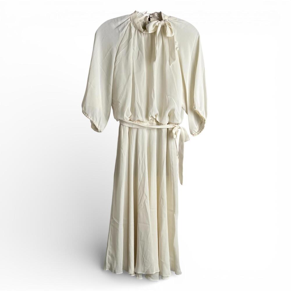 Vintage Cream Long Sleeve Elegant Midi Dress with Tie Neck and Belt